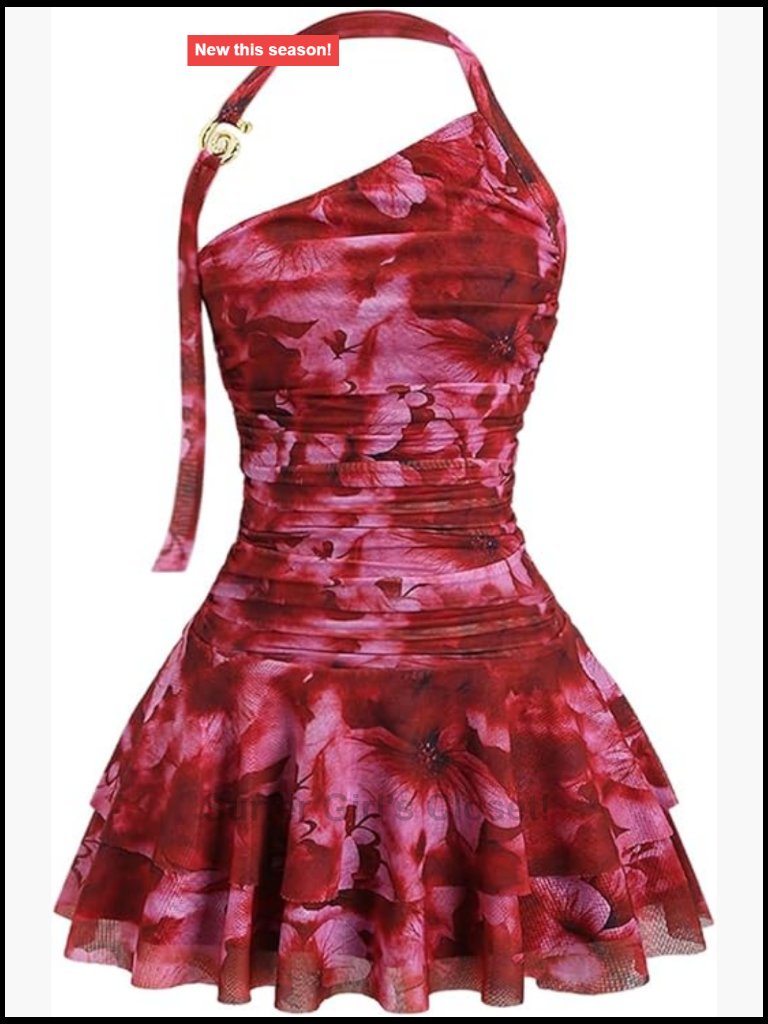 Floral Mesh Ruched Halter Mini Dress Y2k Ruffle Layered